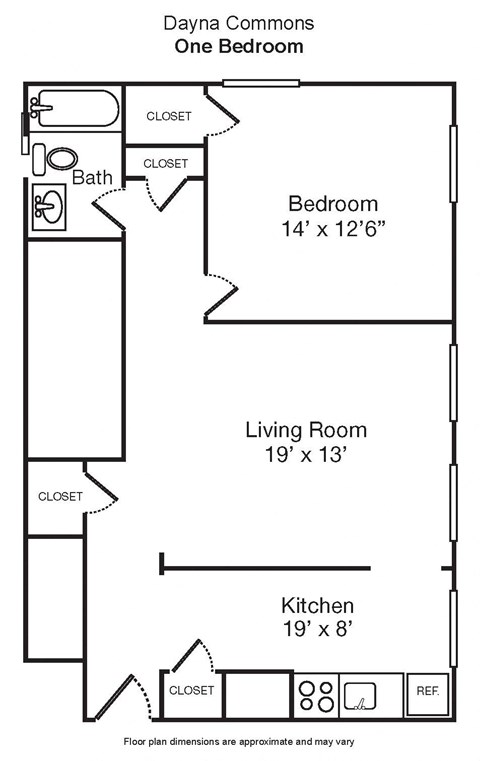 Floor plan for 1 bed, 1 bath